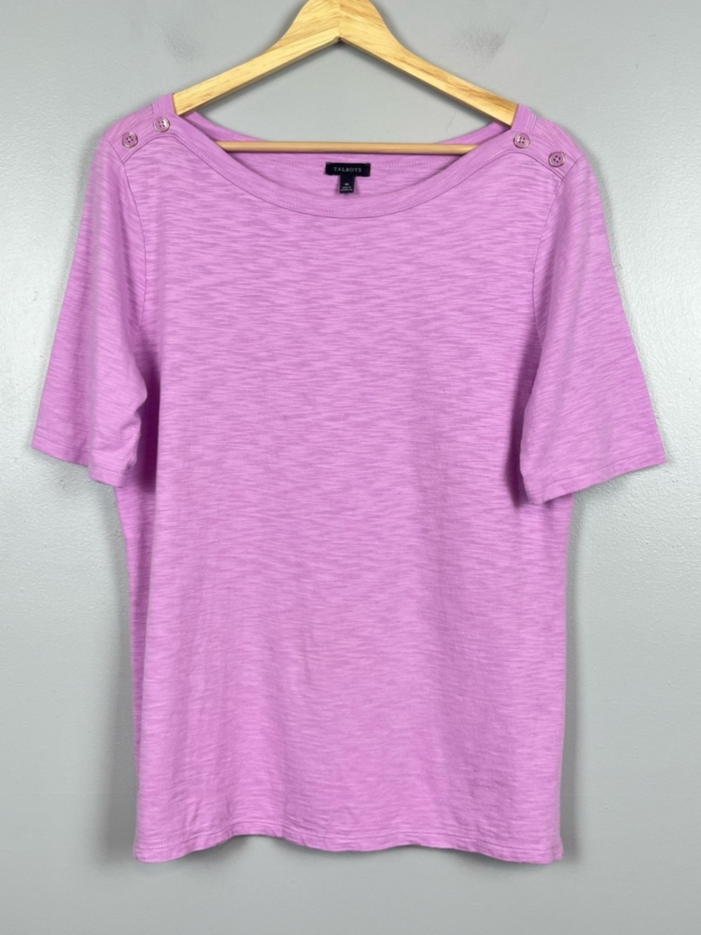 Talbots light purple slubbed cotton modal 1/2 sleeve boatneck top, medium.